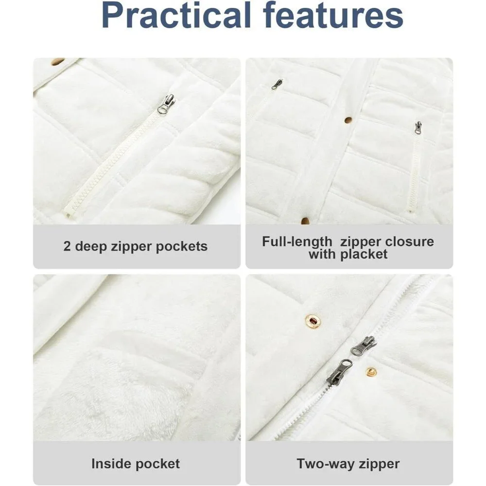Women's Cream White Winter Warm Coat Velvet Quilted Faux Fur Hood Puffer Jacket